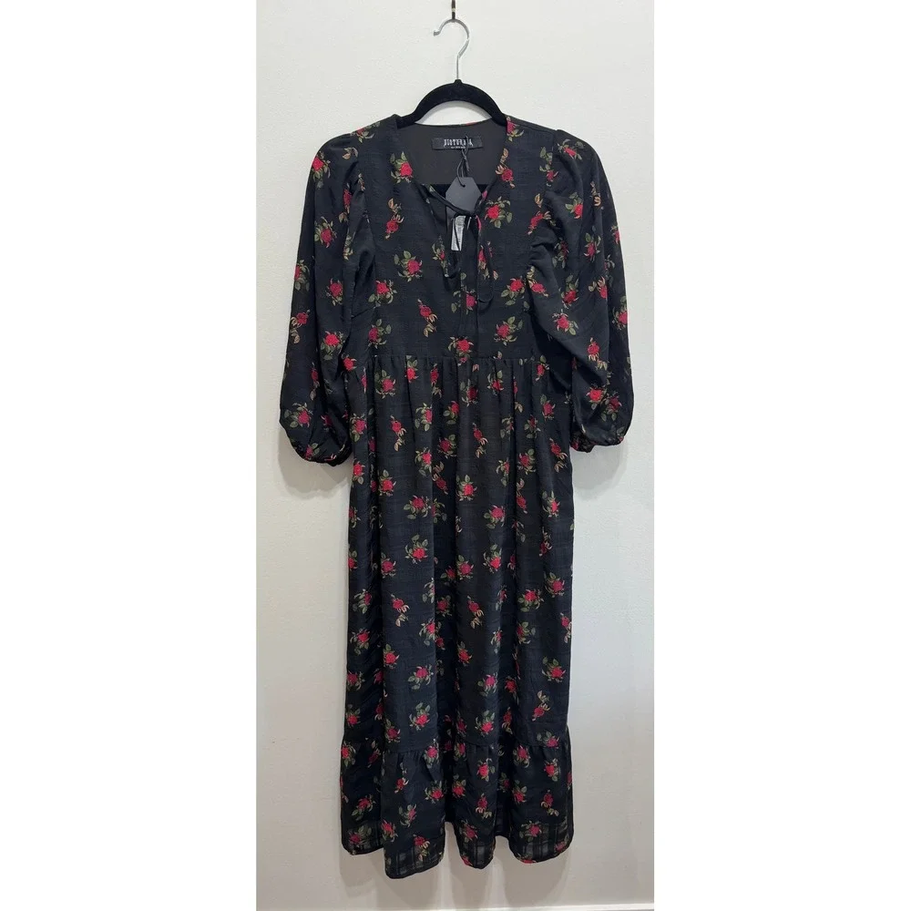 Disturbia Darcy Floral Print Chiffon Midaxi Dress Black Red Rose Gothic US 4